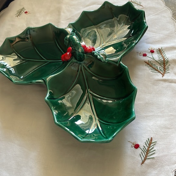 Vintage beautiful Lefton China #1351 Japan handled divided holly berry dish - Picture 7 of 8